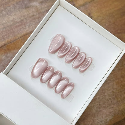 Luxury Press-On Nails | Pink Cat Eye Magnetic Polish | Reusable, Short Oval/Round Shape