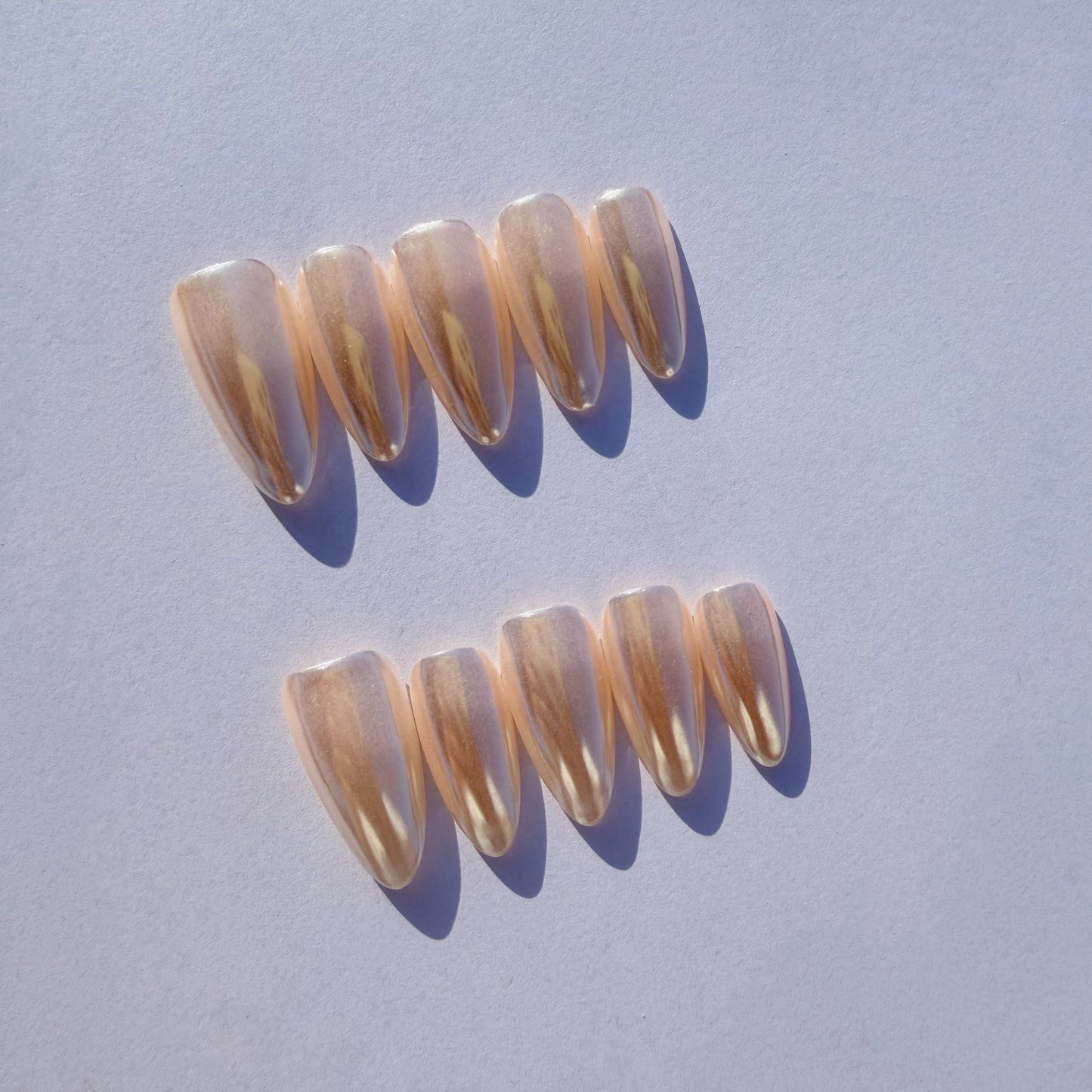 Luxury Press-On Nails | Rose Gold Pearl Glaze Chrome Finish | Reusable, Long Stiletto/Almond Shape