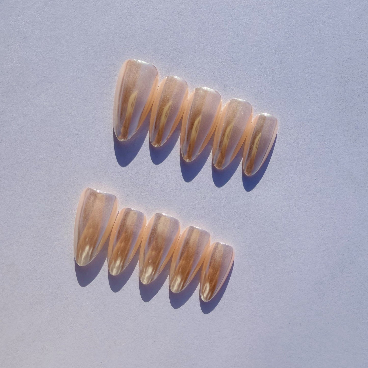 Luxury Press-On Nails | Rose Gold Pearl Glaze Chrome Finish | Reusable, Long Stiletto/Almond Shape