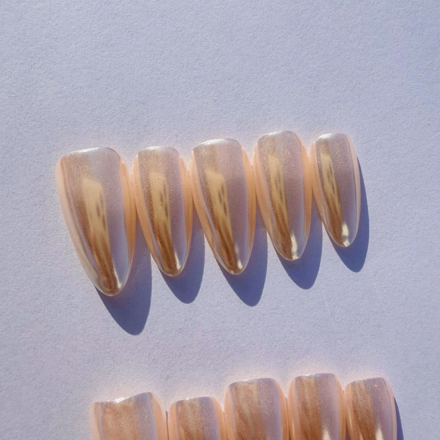 Luxury Press-On Nails | Rose Gold Pearl Glaze Chrome Finish | Reusable, Long Stiletto/Almond Shape