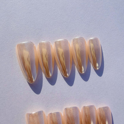 Luxury Press-On Nails | Rose Gold Pearl Glaze Chrome Finish | Reusable, Long Stiletto/Almond Shape