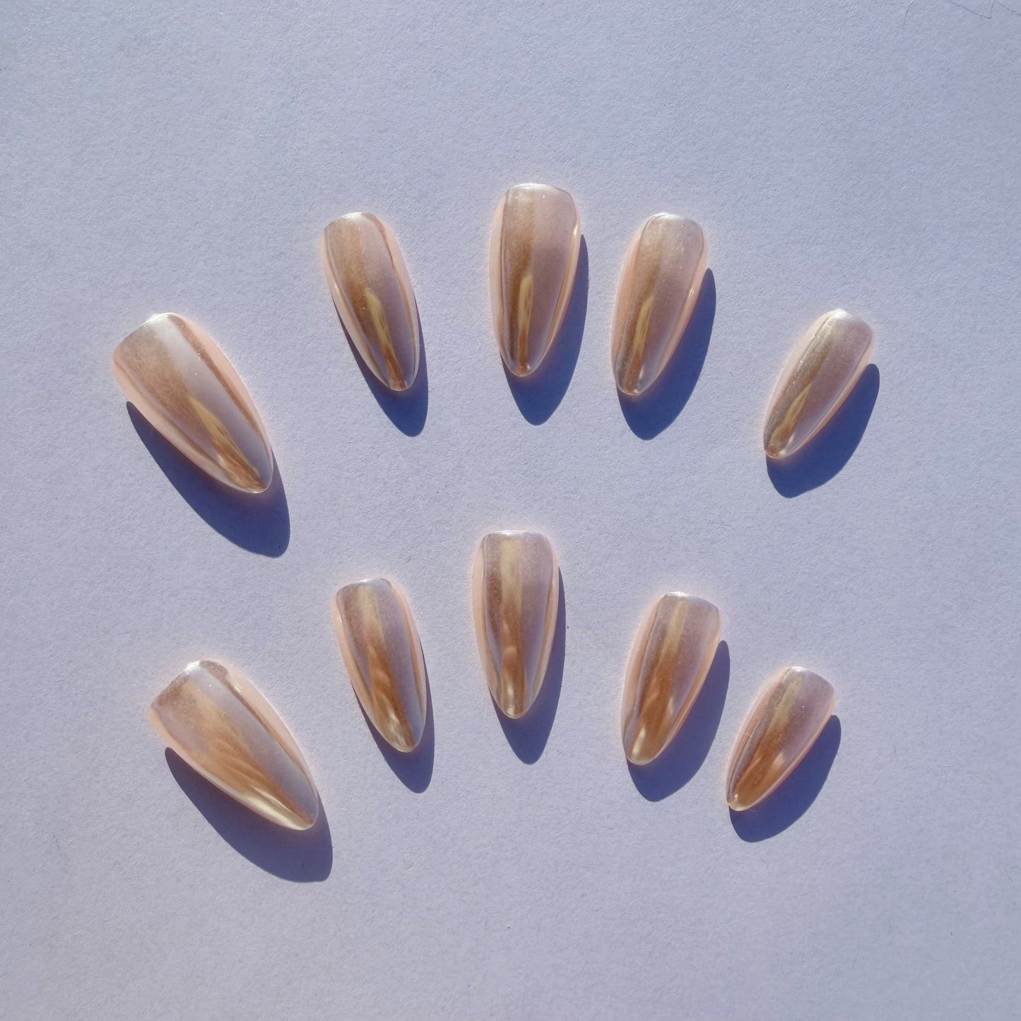 Luxury Press-On Nails | Rose Gold Pearl Glaze Chrome Finish | Reusable, Long Stiletto/Almond Shape