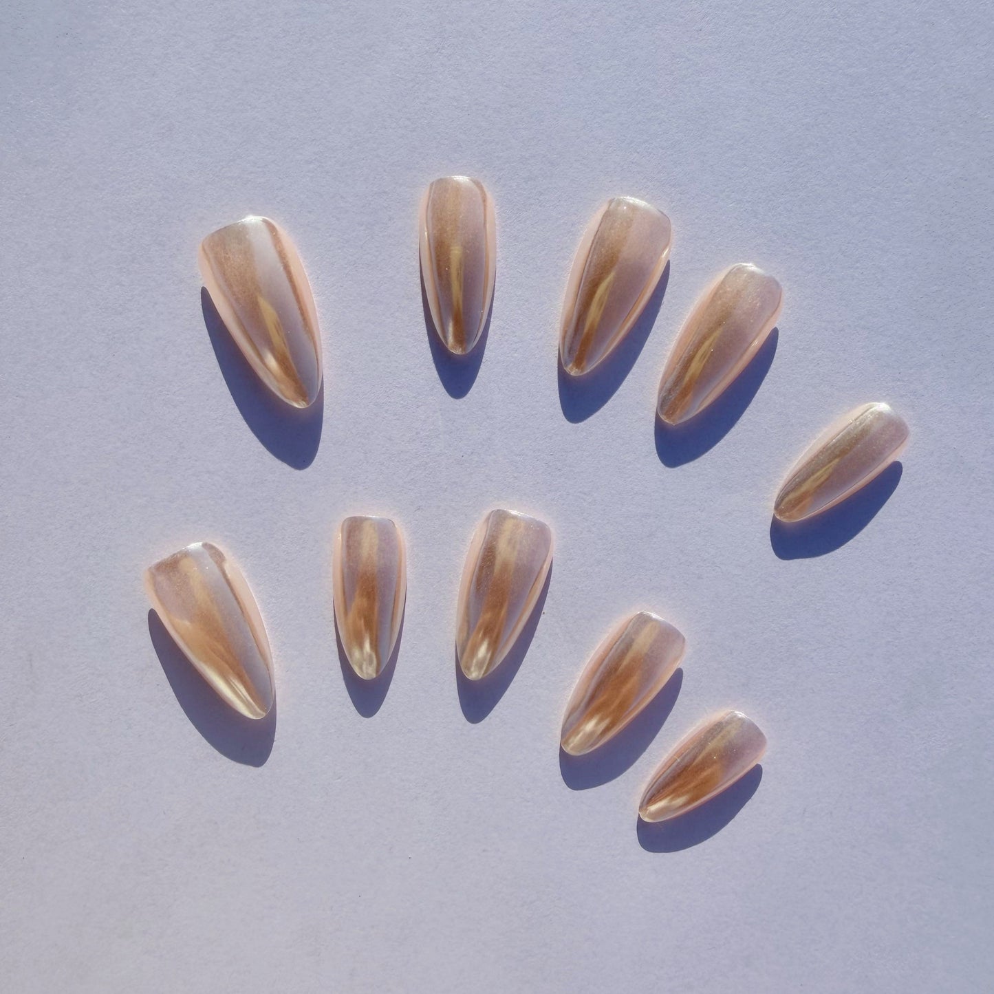 Luxury Press-On Nails | Rose Gold Pearl Glaze Chrome Finish | Reusable, Long Stiletto/Almond Shape