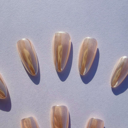 Luxury Press-On Nails | Rose Gold Pearl Glaze Chrome Finish | Reusable, Long Stiletto/Almond Shape