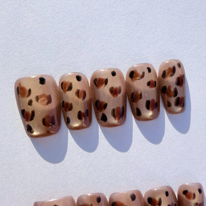 Luxury Press-On Nails | Golden Glitter Leopard Print | Reusable, Short Square Shape