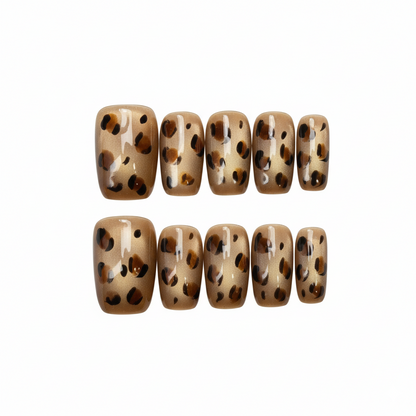 Luxury Press-On Nails | Golden Glitter Leopard Print | Reusable, Short Square Shape