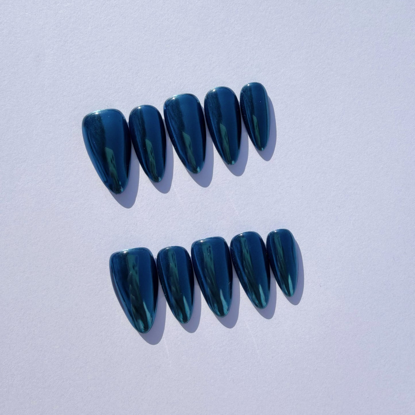 Luxury Press-On Nails | Deep Sapphire Blue Mirror Chrome Finish | Reusable, Medium Stiletto Shape