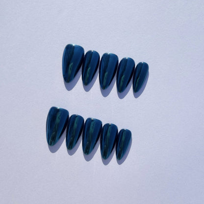 Luxury Press-On Nails | Deep Sapphire Blue Mirror Chrome Finish | Reusable, Medium Stiletto Shape