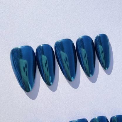 Luxury Press-On Nails | Deep Sapphire Blue Mirror Chrome Finish | Reusable, Medium Stiletto Shape