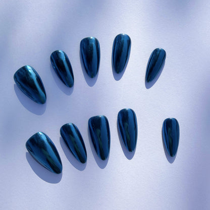 Luxury Press-On Nails | Deep Sapphire Blue Mirror Chrome Finish | Reusable, Medium Stiletto Shape