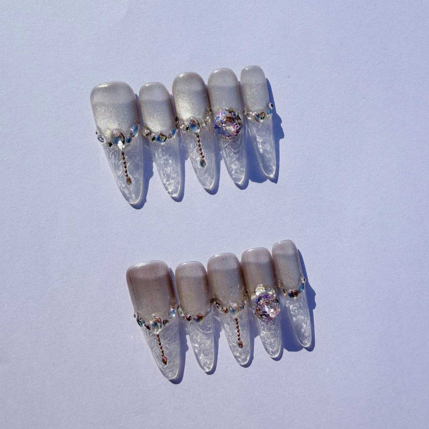 Luxury Cat-Eye Almond Press-On Nails with Dazzling Crystal & Gemstone Embellishments - Pearlescent White Set