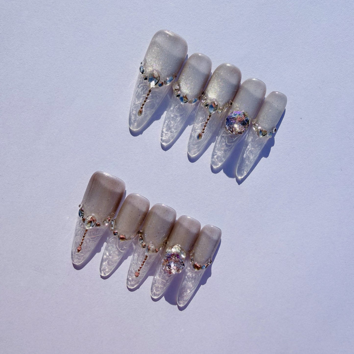 Luxury Cat-Eye Almond Press-On Nails with Dazzling Crystal & Gemstone Embellishments - Pearlescent White Set