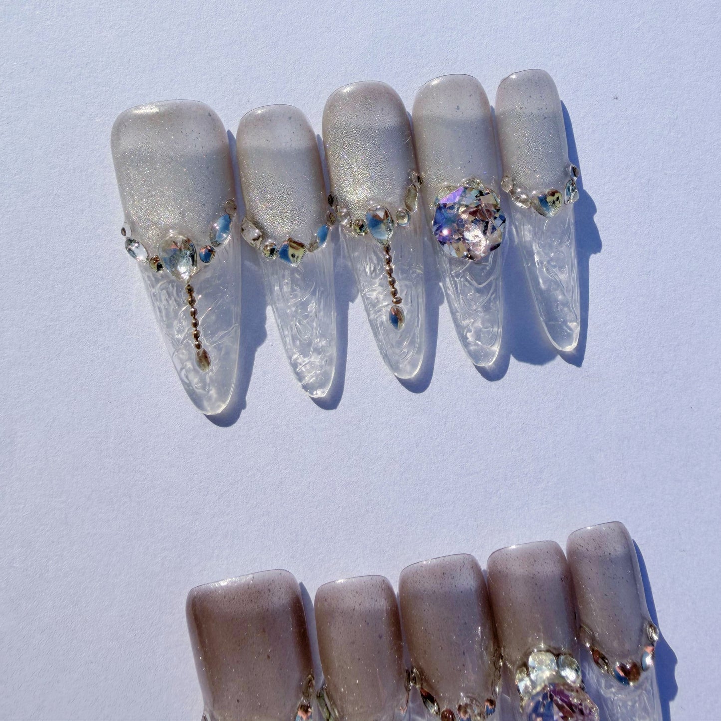 Luxury Cat-Eye Almond Press-On Nails with Dazzling Crystal & Gemstone Embellishments - Pearlescent White Set