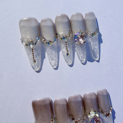 Luxury Cat-Eye Almond Press-On Nails with Dazzling Crystal & Gemstone Embellishments - Pearlescent White Set
