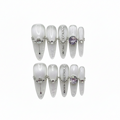Luxury Cat-Eye Almond Press-On Nails with Dazzling Crystal & Gemstone Embellishments - Pearlescent White Set