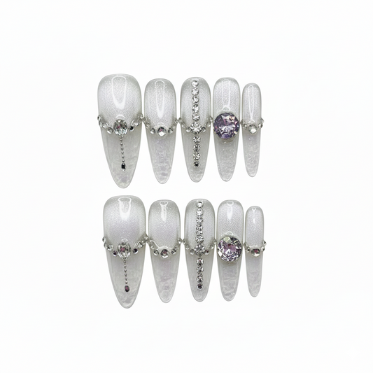 Luxury Cat-Eye Almond Press-On Nails with Dazzling Crystal & Gemstone Embellishments - Pearlescent White Set