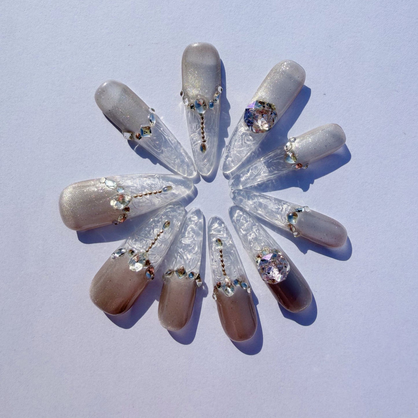 Luxury Cat-Eye Almond Press-On Nails with Dazzling Crystal & Gemstone Embellishments - Pearlescent White Set
