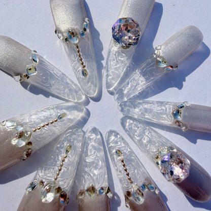 Luxury Cat-Eye Almond Press-On Nails with Dazzling Crystal & Gemstone Embellishments - Pearlescent White Set