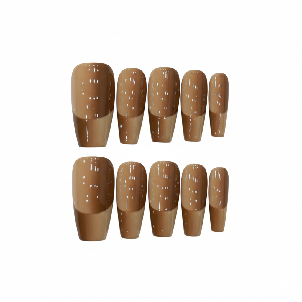 Chic Two-Tone Brown Press-On Nails – Glossy Neutral Short Square | Modern Manicure Set