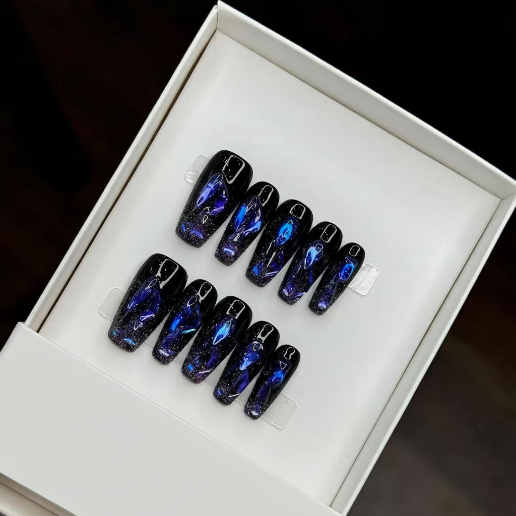 Cosmic Galaxy Black Press-On Nails – Short Coffin | Abstract Nebula & Shimmer Art Set