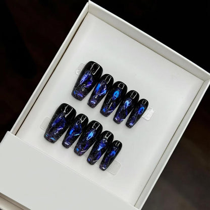 Cosmic Galaxy Black Press-On Nails – Short Coffin | Abstract Nebula & Shimmer Art Set