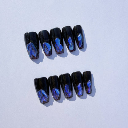 Cosmic Galaxy Black Press-On Nails – Short Coffin | Abstract Nebula & Shimmer Art Set