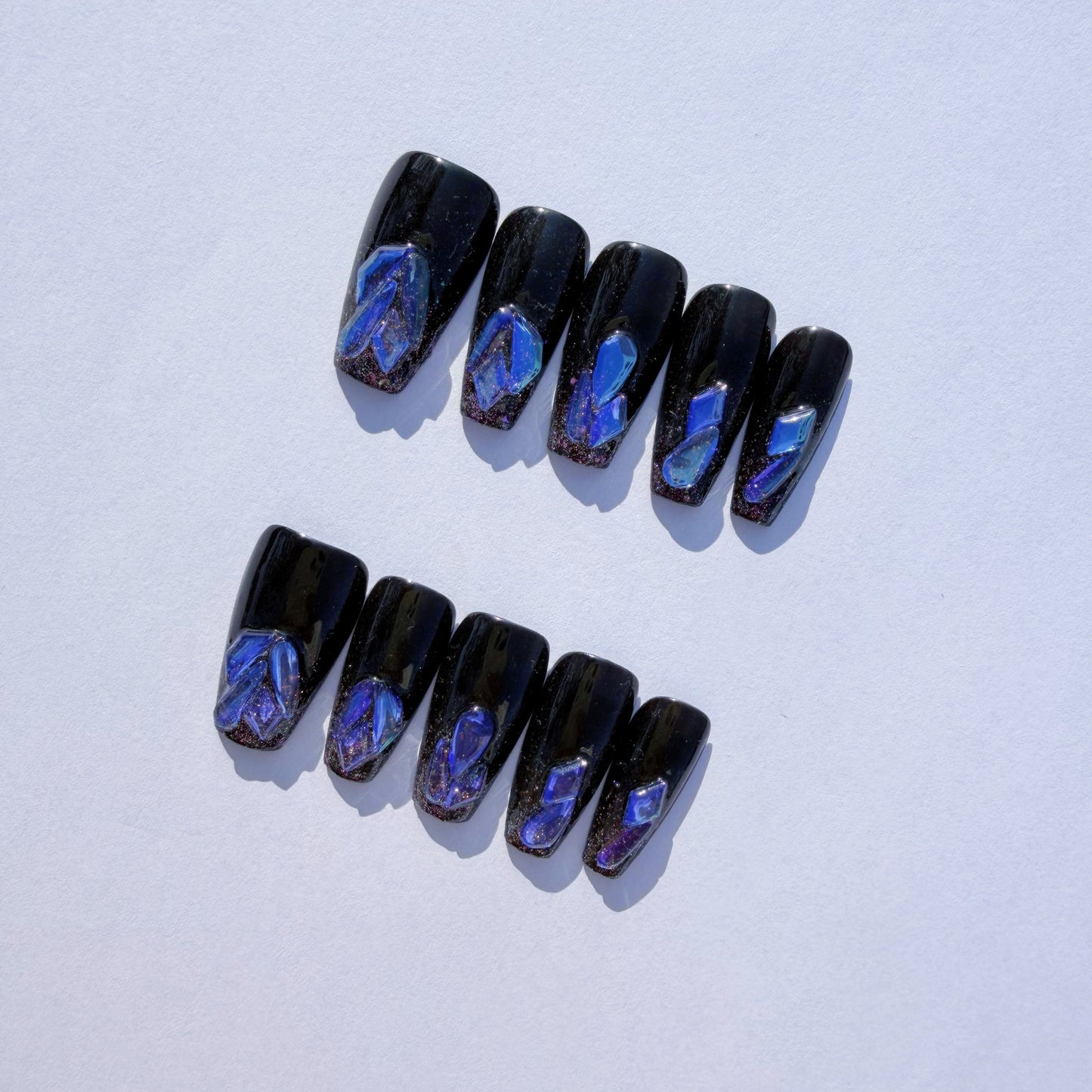 Cosmic Galaxy Black Press-On Nails – Short Coffin | Abstract Nebula & Shimmer Art Set