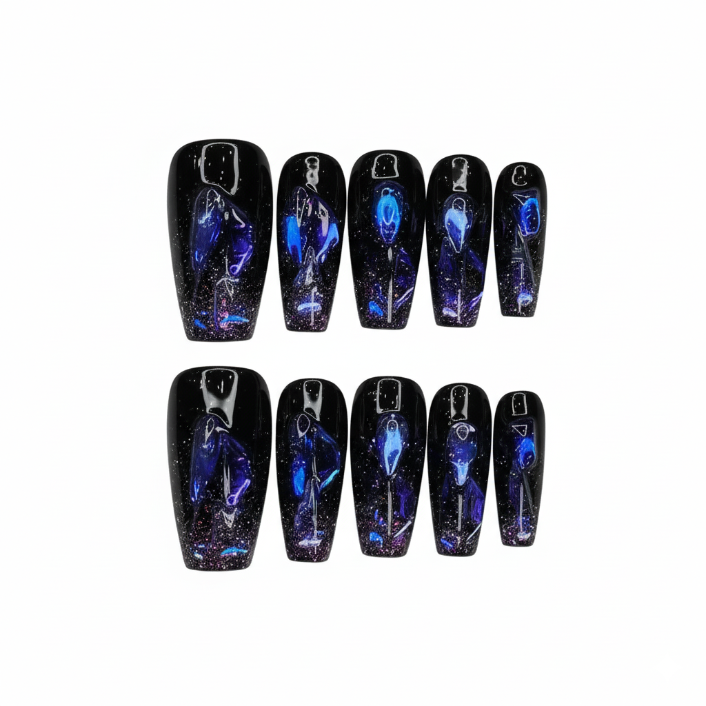 Cosmic Galaxy Black Press-On Nails – Short Coffin | Abstract Nebula & Shimmer Art Set