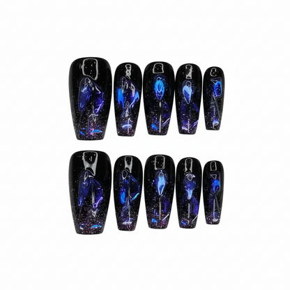 Cosmic Galaxy Black Press-On Nails – Short Coffin | Abstract Nebula & Shimmer Art Set