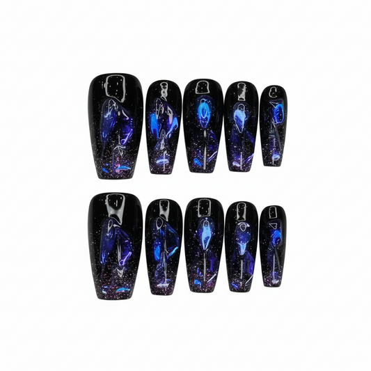 Cosmic Galaxy Black Press-On Nails – Short Coffin | Abstract Nebula & Shimmer Art Set