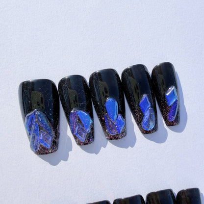 Cosmic Galaxy Black Press-On Nails – Short Coffin | Abstract Nebula & Shimmer Art Set