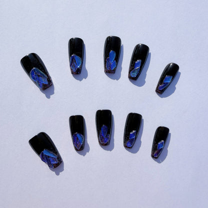 Cosmic Galaxy Black Press-On Nails – Short Coffin | Abstract Nebula & Shimmer Art Set