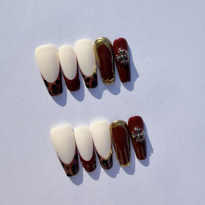 Red & Gold Leopard French Press-On Nails – Luxury Animal Print Nail Set with 3D Charms