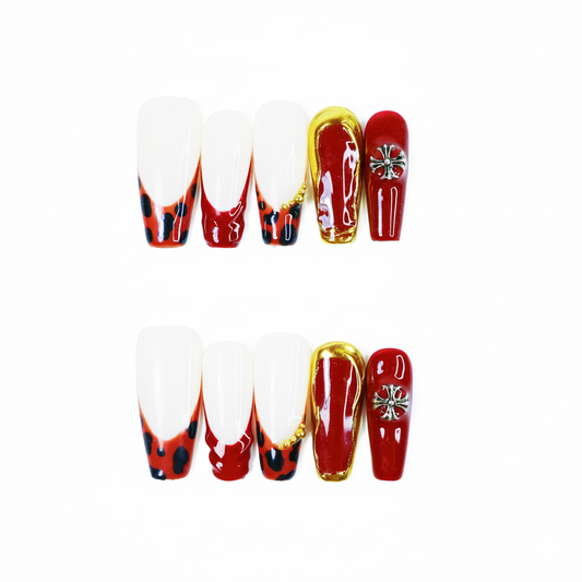 Red & Gold Leopard French Press-On Nails – Luxury Animal Print Nail Set with 3D Charms