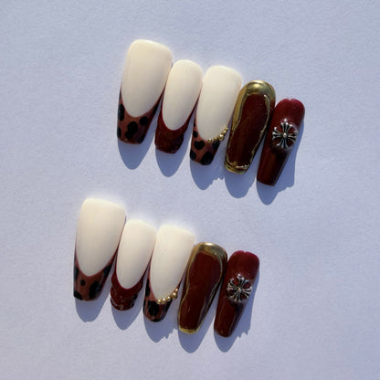 Red & Gold Leopard French Press-On Nails – Luxury Animal Print Nail Set with 3D Charms