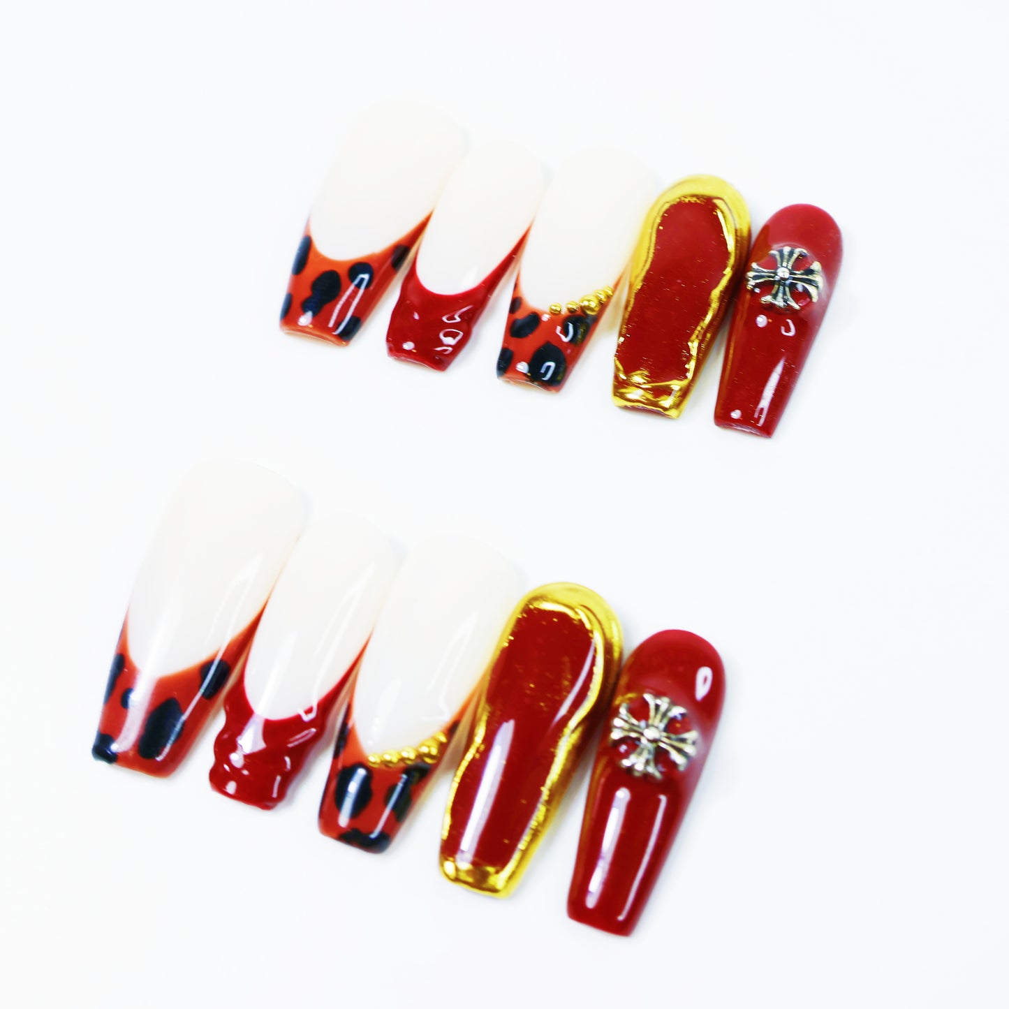 Red & Gold Leopard French Press-On Nails – Luxury Animal Print Nail Set with 3D Charms