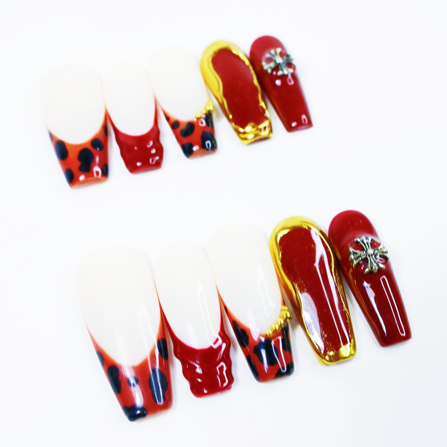 Red & Gold Leopard French Press-On Nails – Luxury Animal Print Nail Set with 3D Charms