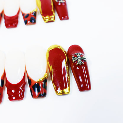 Red & Gold Leopard French Press-On Nails – Luxury Animal Print Nail Set with 3D Charms