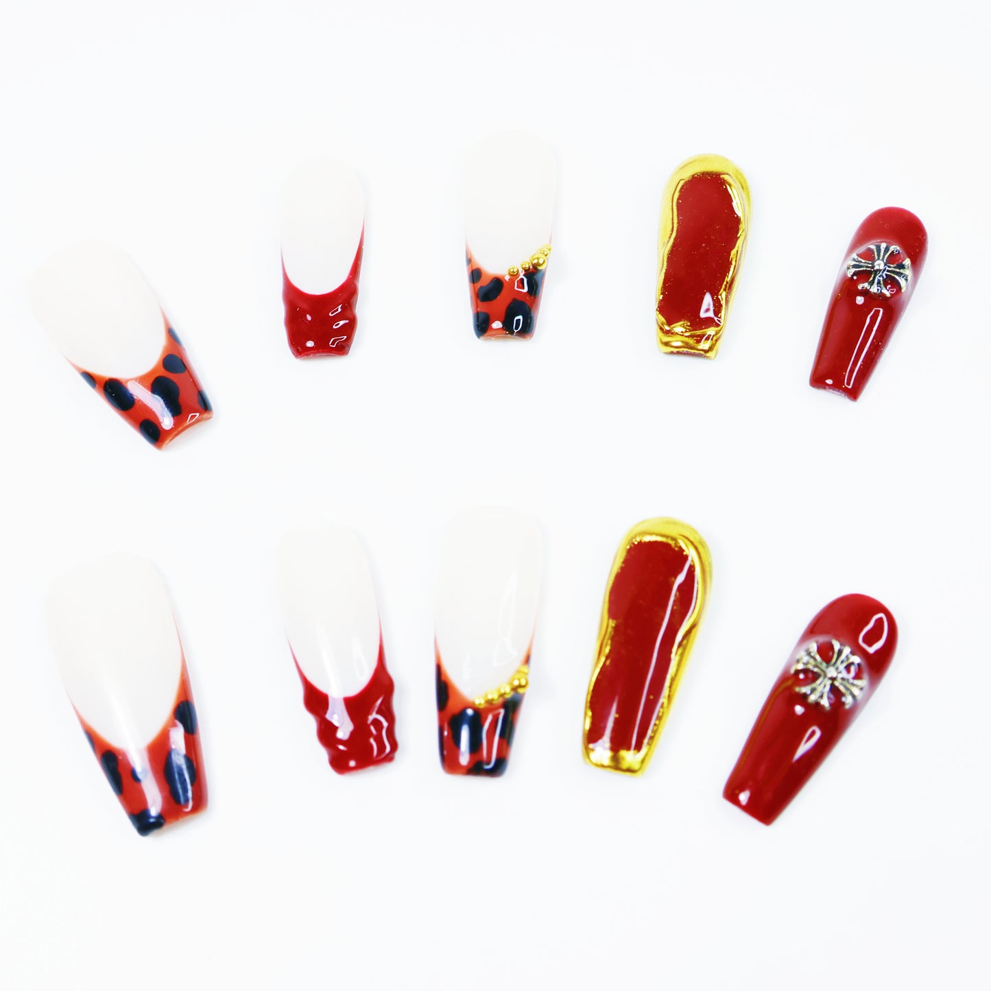 Red & Gold Leopard French Press-On Nails – Luxury Animal Print Nail Set with 3D Charms