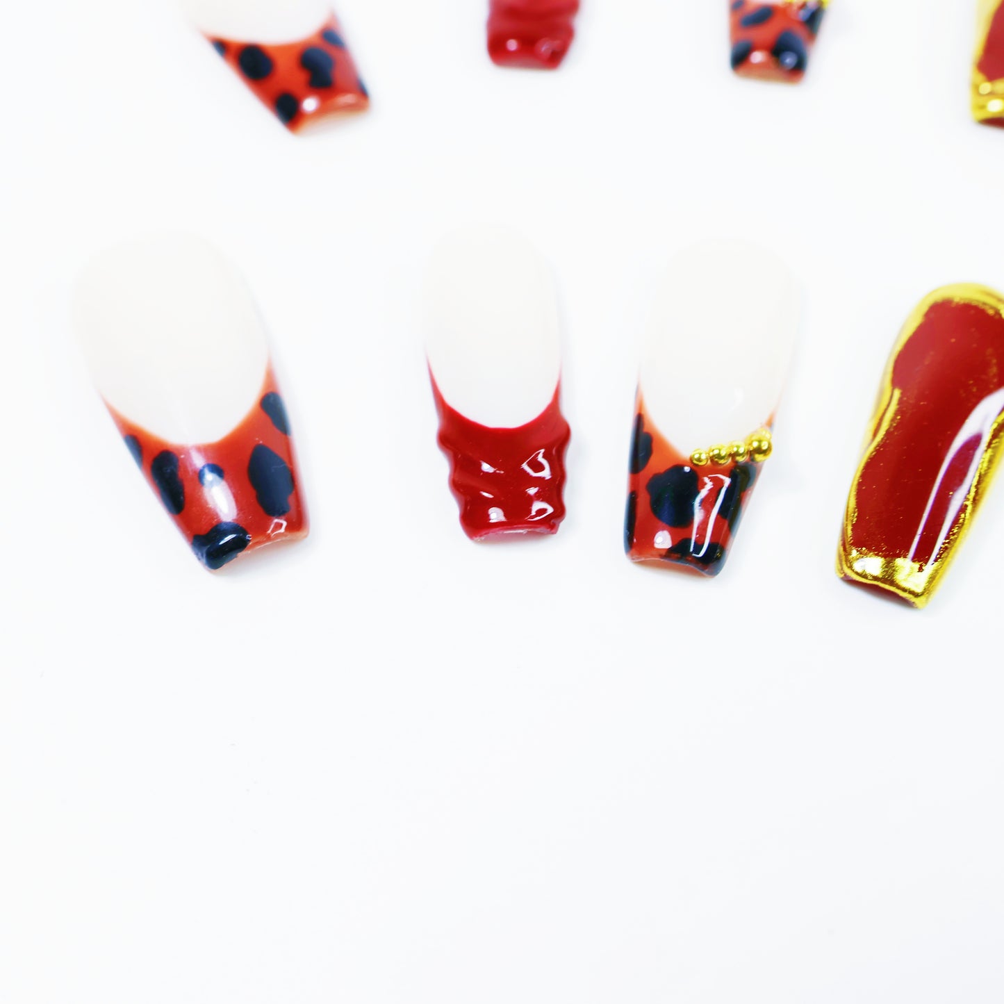 Red & Gold Leopard French Press-On Nails – Luxury Animal Print Nail Set with 3D Charms