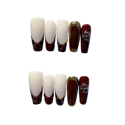 Red & Gold Leopard French Press-On Nails – Luxury Animal Print Nail Set with 3D Charms