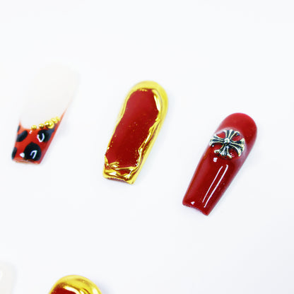 Red & Gold Leopard French Press-On Nails – Luxury Animal Print Nail Set with 3D Charms