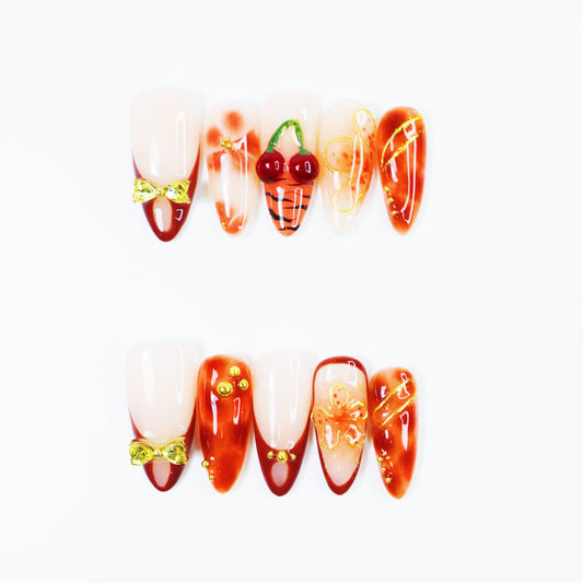 Cherry Charm French Press-On Nails – Elegant Orange-Brown Gradient Nail Set with 3D Bow and Floral Design