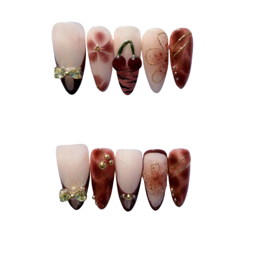 Cherry Charm French Press-On Nails – Elegant Orange-Brown Gradient Nail Set with 3D Bow and Floral Design