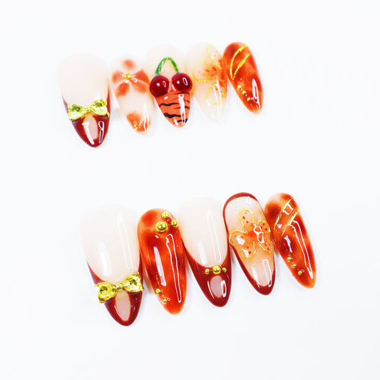 Cherry Charm French Press-On Nails – Elegant Orange-Brown Gradient Nail Set with 3D Bow and Floral Design