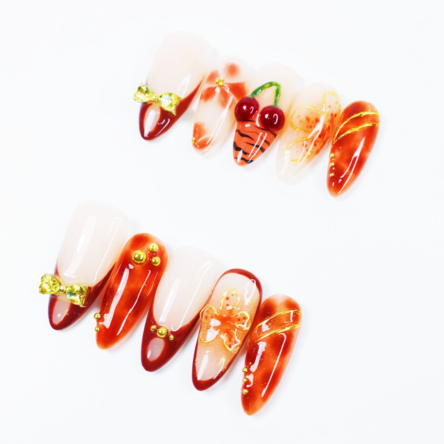 Cherry Charm French Press-On Nails – Elegant Orange-Brown Gradient Nail Set with 3D Bow and Floral Design