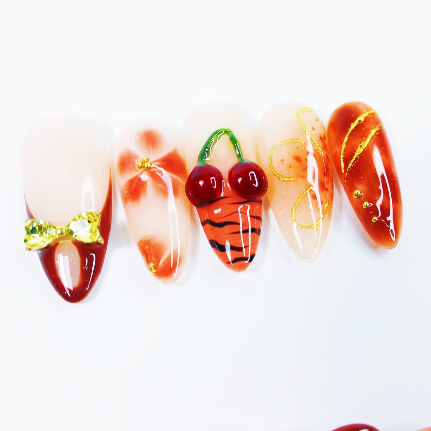 Cherry Charm French Press-On Nails – Elegant Orange-Brown Gradient Nail Set with 3D Bow and Floral Design