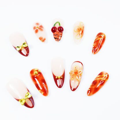 Cherry Charm French Press-On Nails – Elegant Orange-Brown Gradient Nail Set with 3D Bow and Floral Design