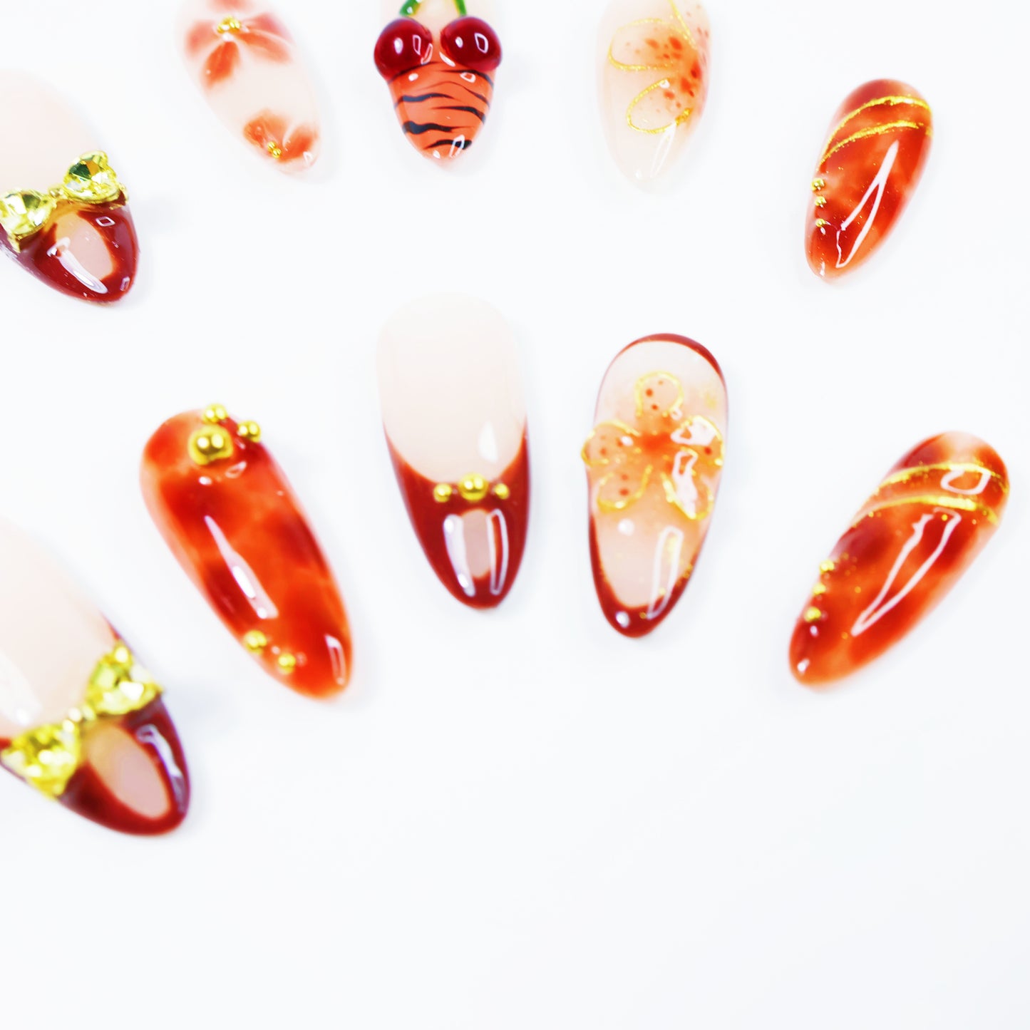 Cherry Charm French Press-On Nails – Elegant Orange-Brown Gradient Nail Set with 3D Bow and Floral Design