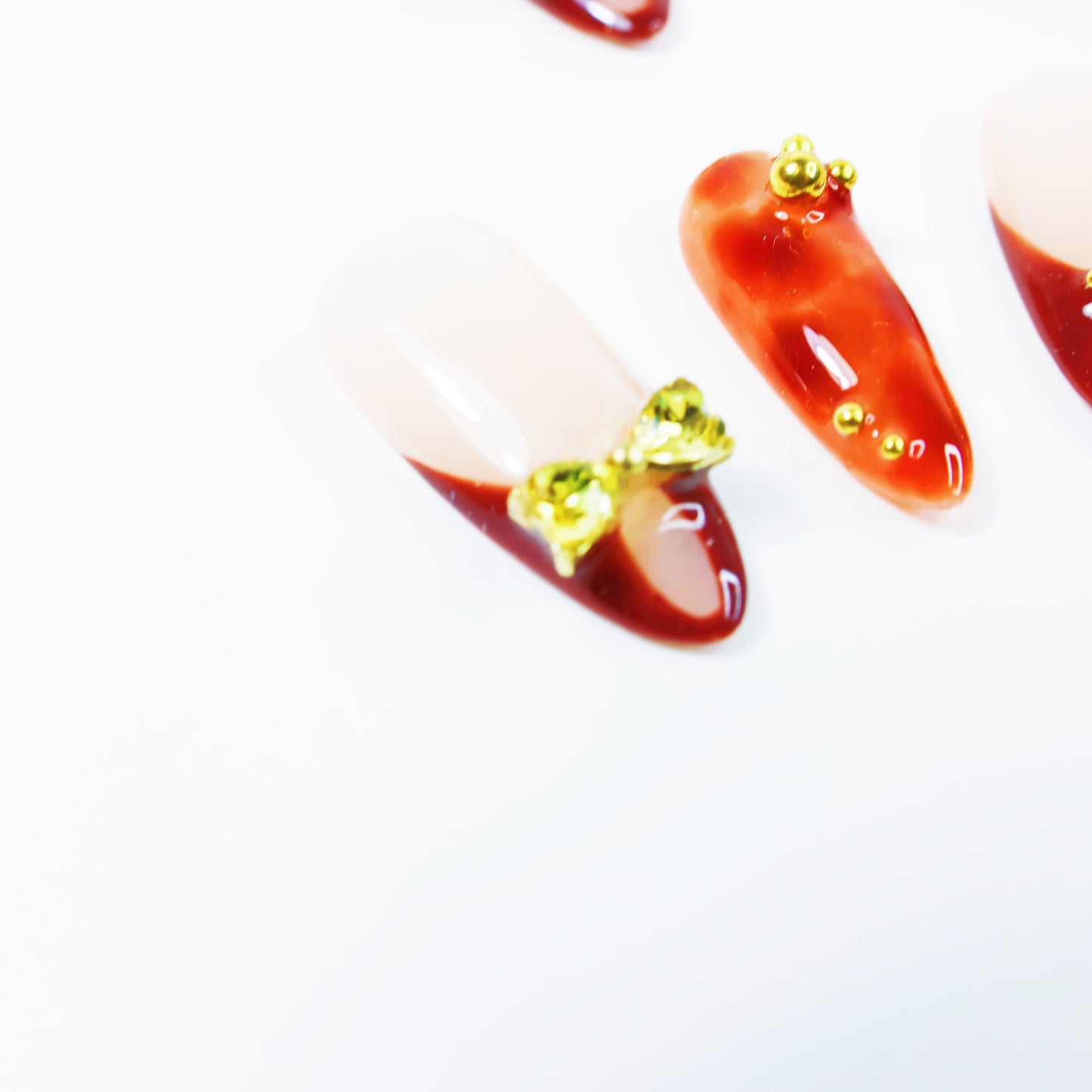 Cherry Charm French Press-On Nails – Elegant Orange-Brown Gradient Nail Set with 3D Bow and Floral Design